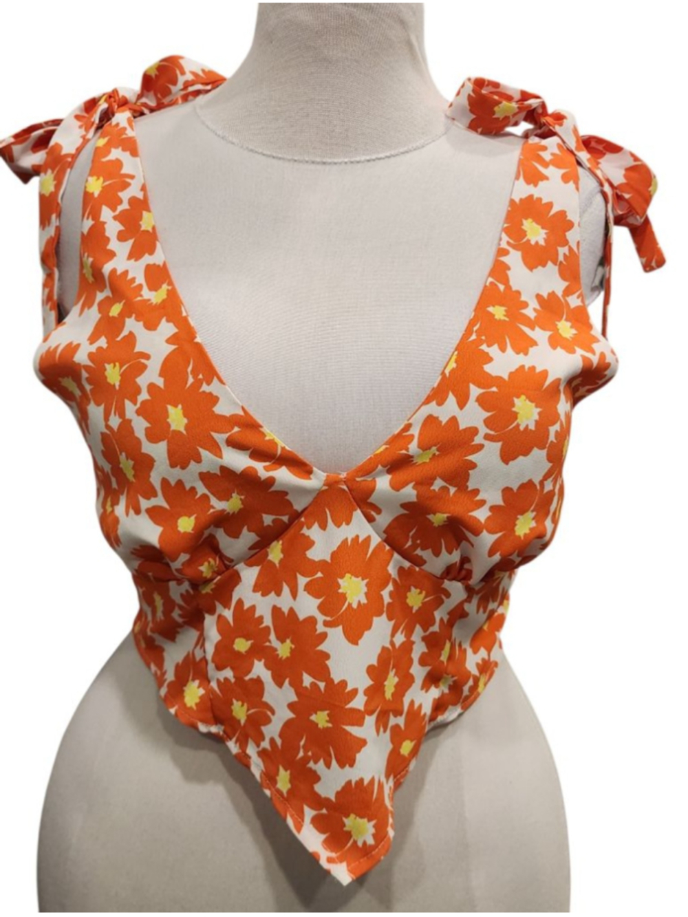 Orange Floral Corset Crop Top Tie Shoulder Handkerchief Hem Zipper L SHEIN